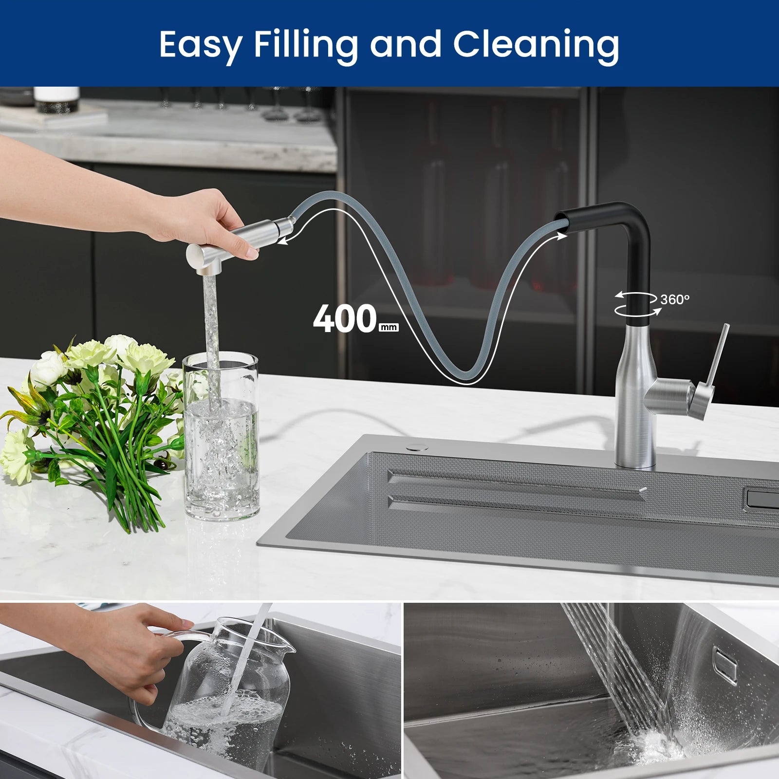 Kitchen Mixer, Kitchen Faucet with Pull-Down Spray Head, 360° Rotatable 2-Jet Sink Mixer, 2 Spray Modes, Brushed SUS304 and Black