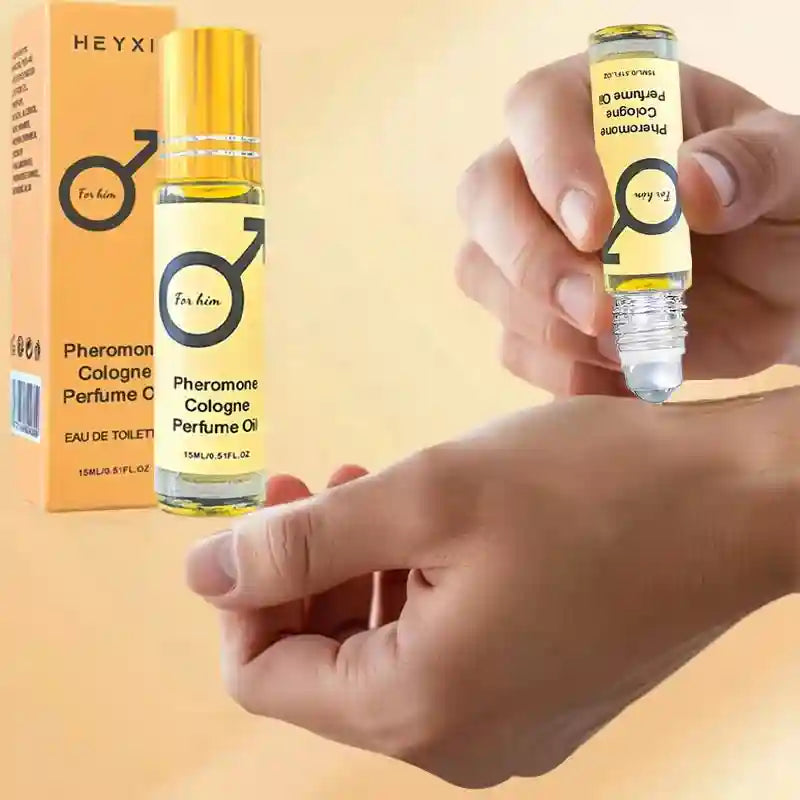 Heyxi Pheromone Cologne Perfume Oil for men in portable 15ml glass roll-on bottle, long-lasting romantic EDT fragrance.