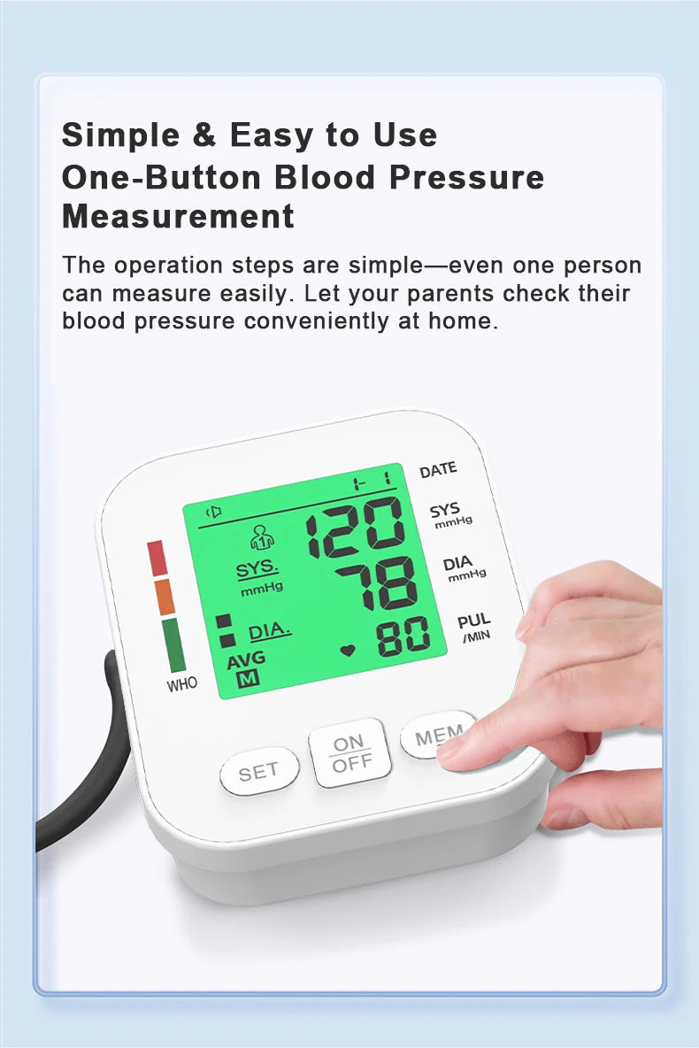 LCD Backlight Blood Pressure Test Kit Upper Arm BP Monitor Automatic Tonometer Digital Sphygmomanometer for Home Use Health Care