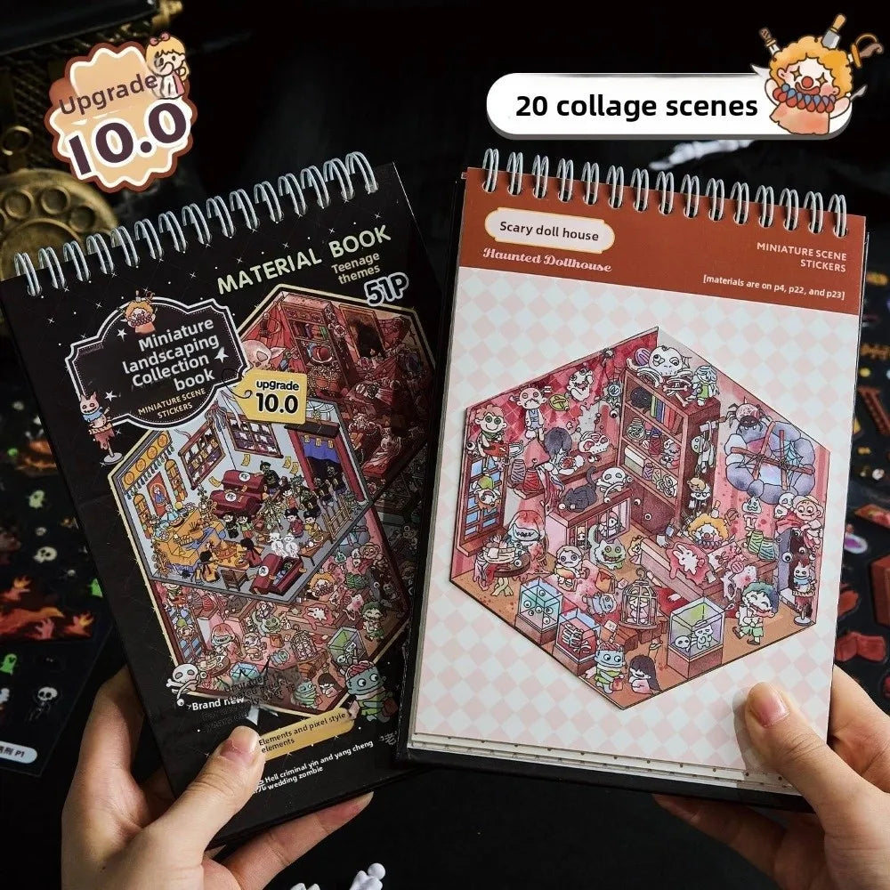 Horror theme miniature scene sticker book with 51 PET sheets for DIY scrapbooking, crafts, and cartoon town collecting.
