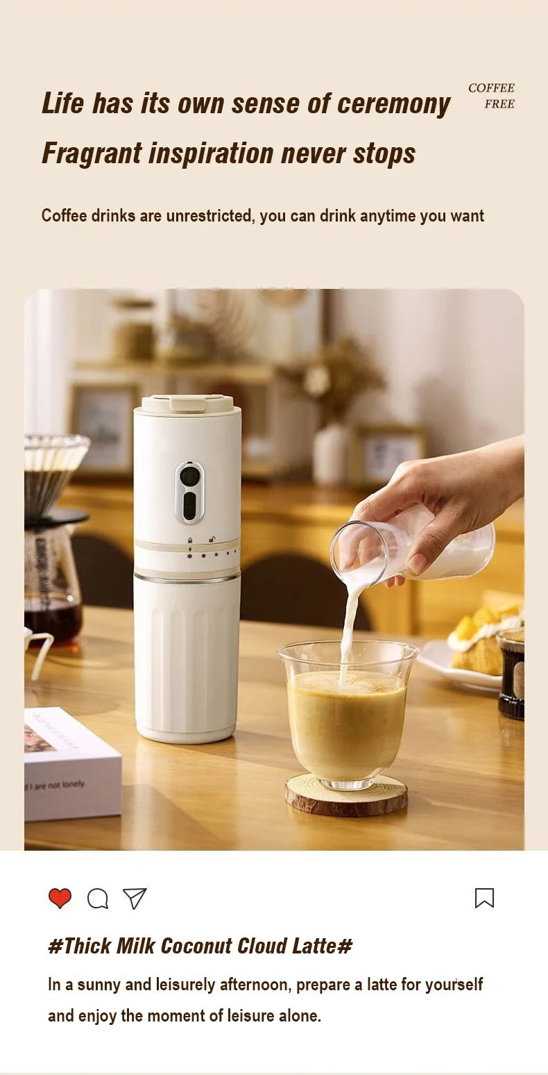 White portable electric coffee maker for lattes on a wooden table, person pouring milk into a glass of coffee.