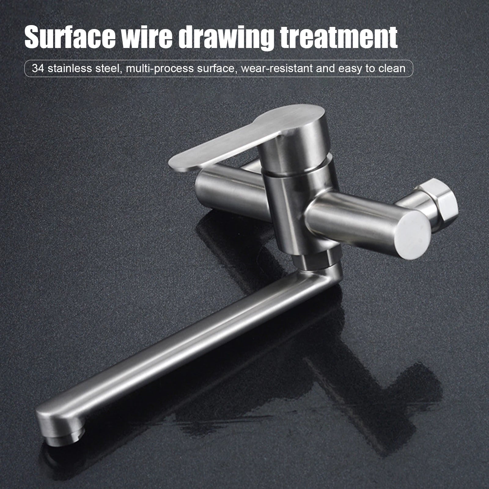 Silver Wall-Mounted Stainless Steel Rotatable Kitchen Faucet 360° Single Handle Hot and Cold Water Faucet For Both Homes Etc