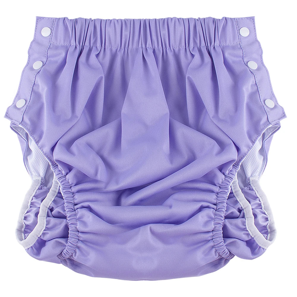 Reusable lavender baby cloth diaper with adjustable side snaps for a secure fit.