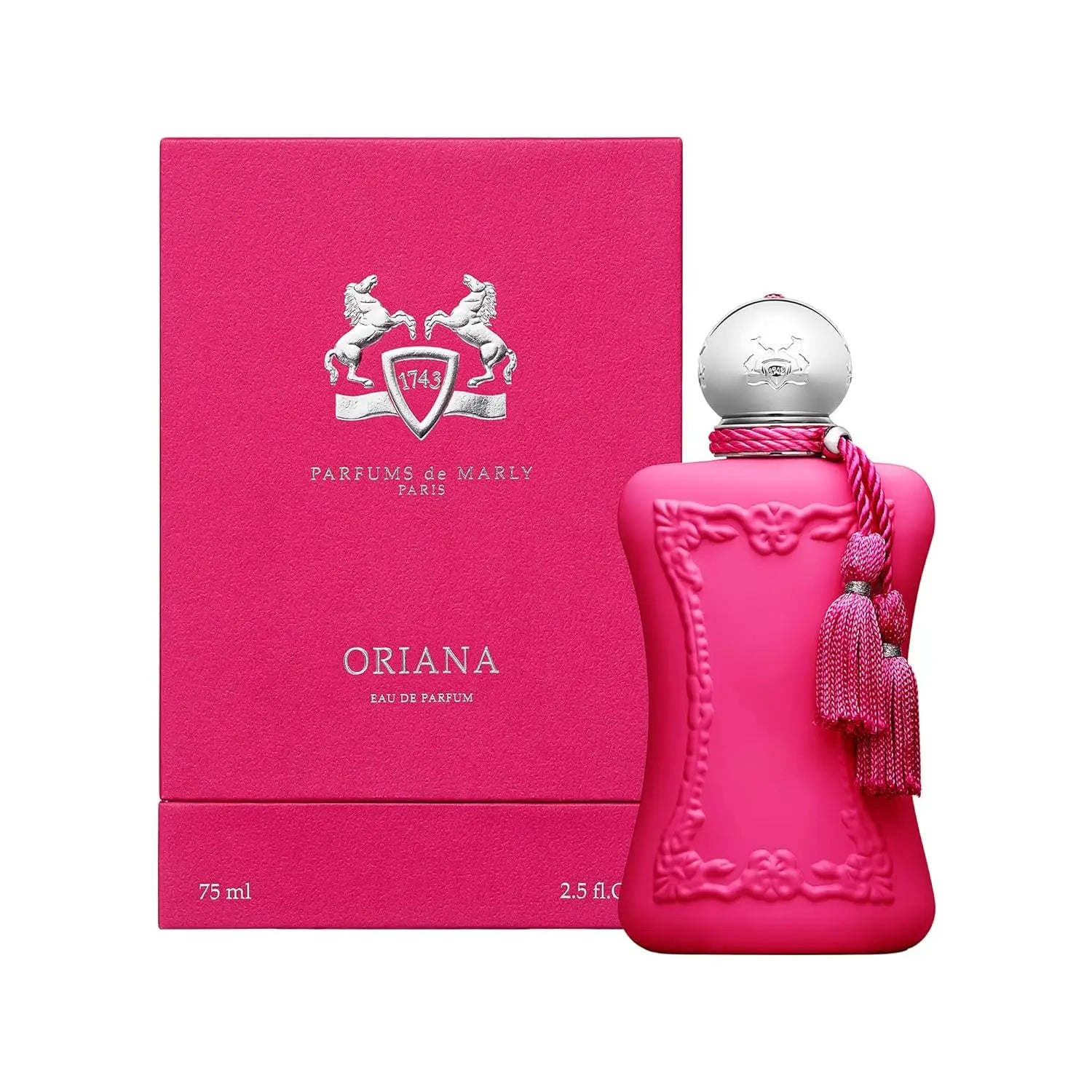 Parfums de Marly Oriana Eau de Parfum for women: pink ornate glass bottle with tassel, floral gourmand scent.
