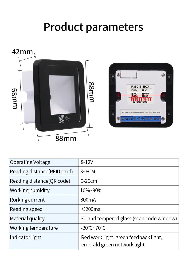 DC 12V RFID Embedded Barcode 2D QR Code Reader Access Control Reader Wegand USB RS232 RS485 Interface QR Scanner 2D Box