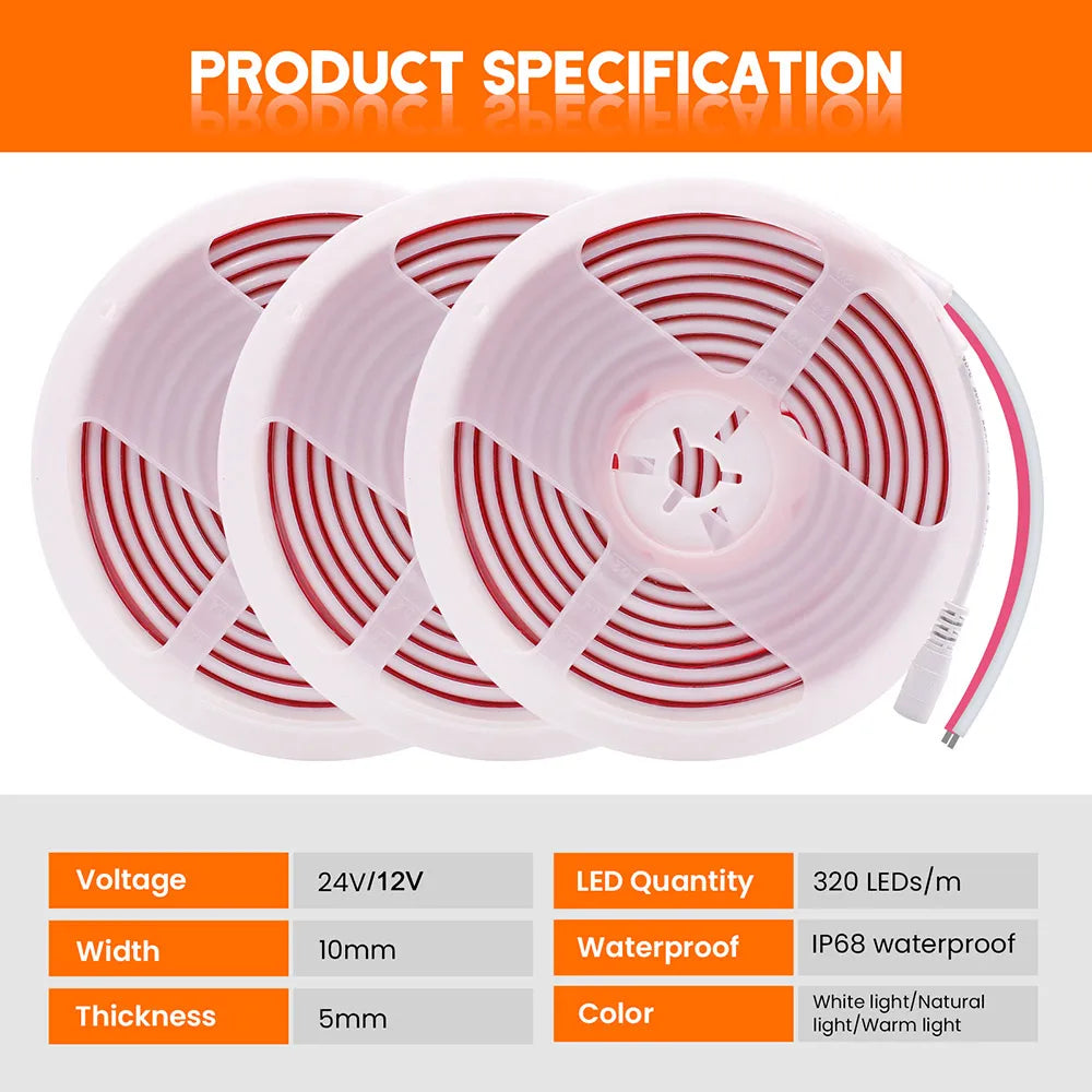 IP68 Waterproof COB LED Strip Light 12V 24V 5m 10m 15m 20m 0.5m Flexible Tape 320LED/m High Density Bright Liner Lighting RA90