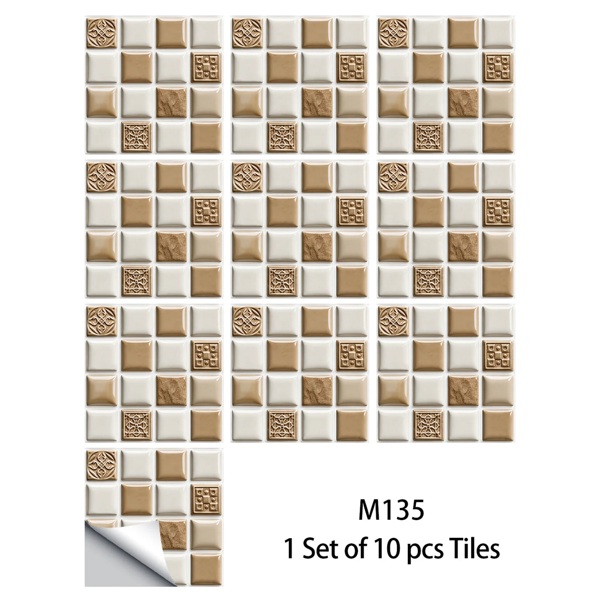 10-piece mosaic tile sticker set in beige and gold-tone squares with textured accents