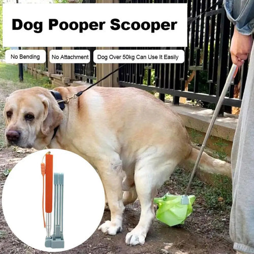 Foldable pet waste scoop grabber with long metal handle and orange latch, gray-blue frame