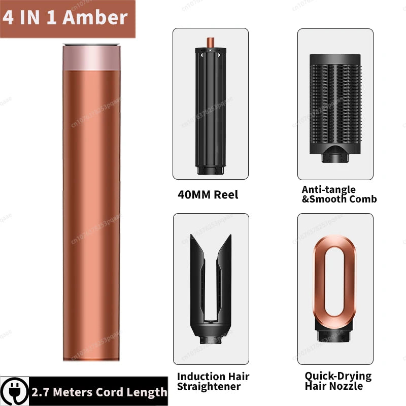 Sencimen X19 4-in-1 amber hair styler with curling barrel, smoothing comb, straightener, and dryer nozzle attachments.