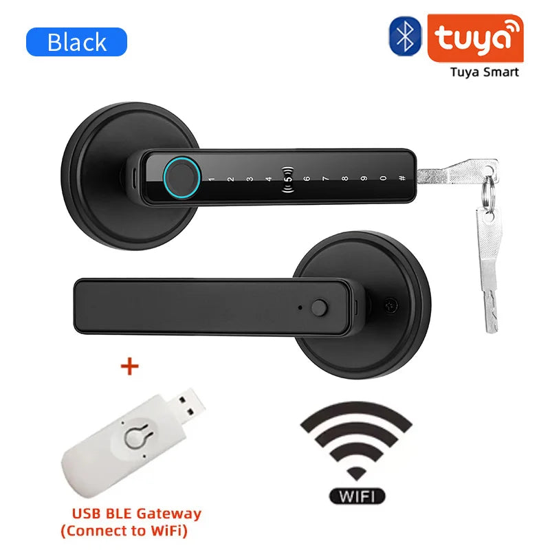 Tuya Handle Fingerprint Key Card Digital Smart Door Lock Keypad Key Entry Electronic Lock Home House 9 Languages Audio Playback
