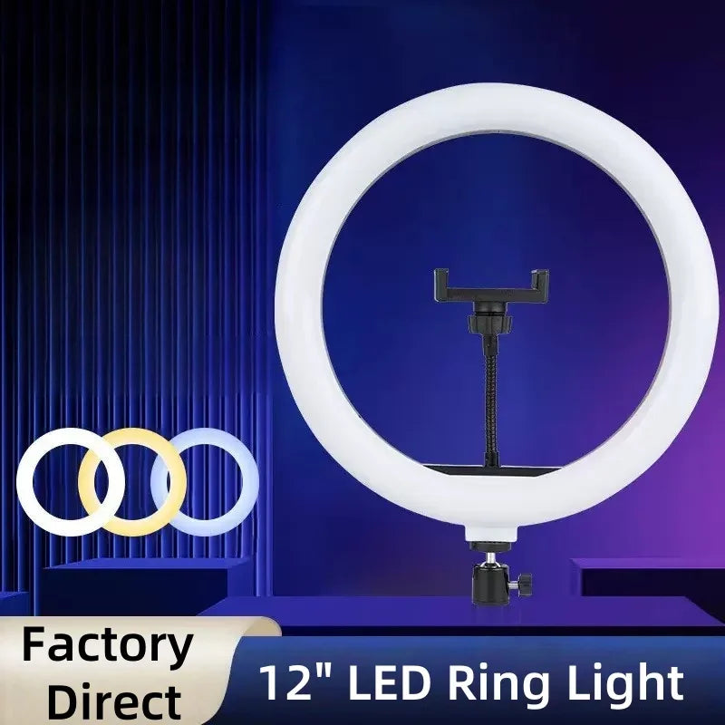 12-inch circular LED ring light with a center-mounted adjustable smartphone holder for photography and video recording.