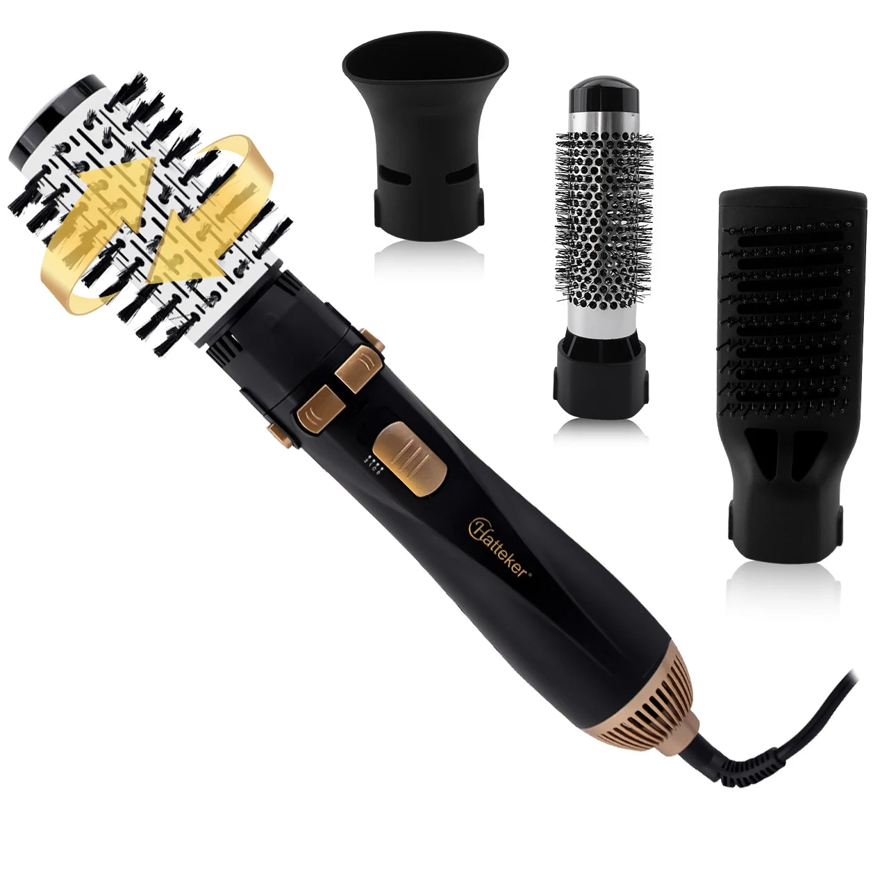 Hatteker 4-in-1 black and gold hot air brush hair dryer set with interchangeable styling attachments for salon results.