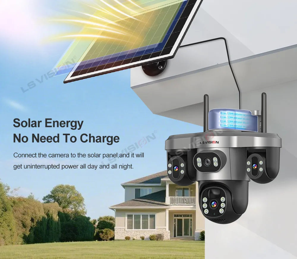 LS VISION 4G / WiFi Solar Camera 3Lenses Outdoor 15MP 4K Low Power Battery IP Camera PIR Night Vision V380 Pro CCTV Security