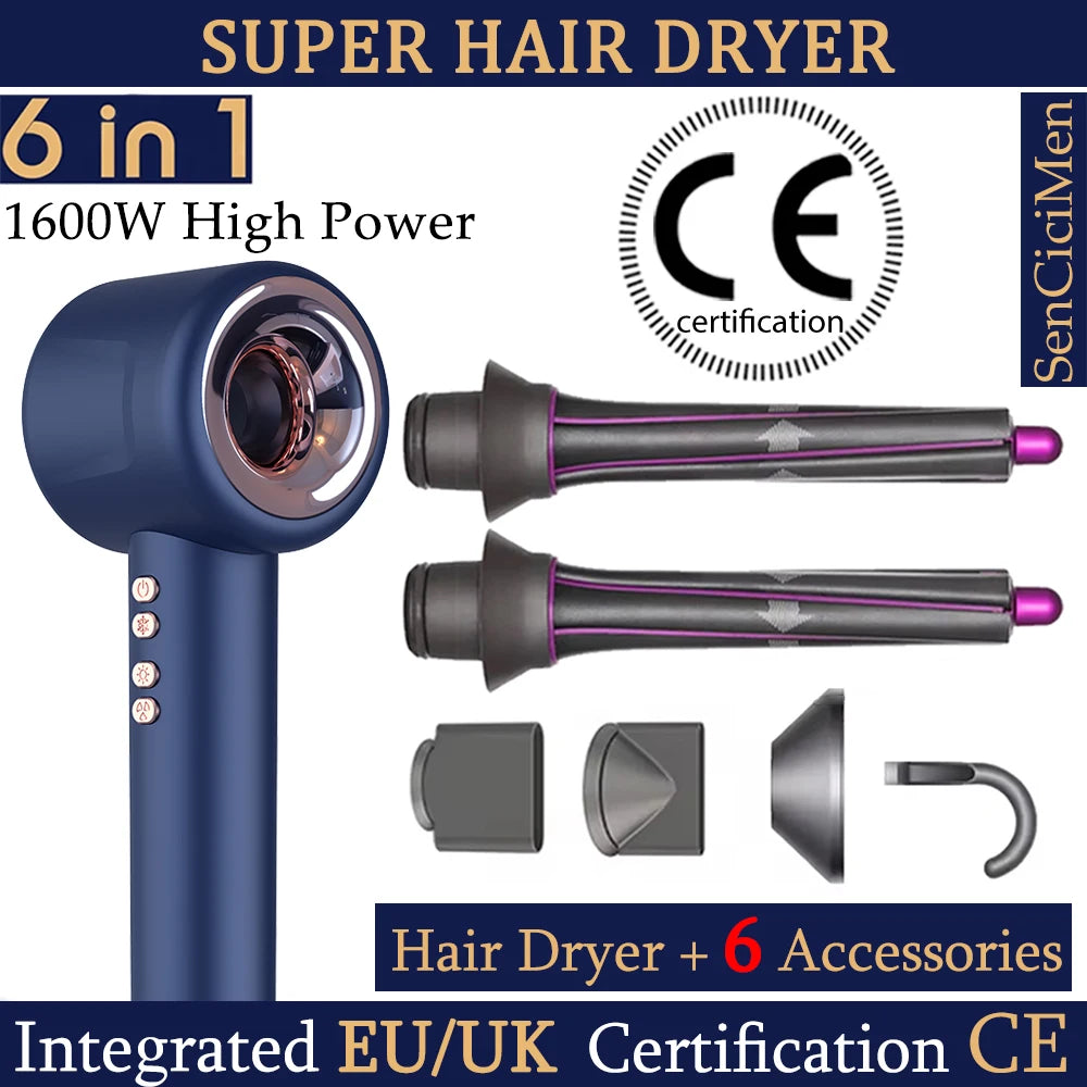 Blue 1600W leafless hair dryer with 6 styling attachments, negative ion technology, and CE certified design.