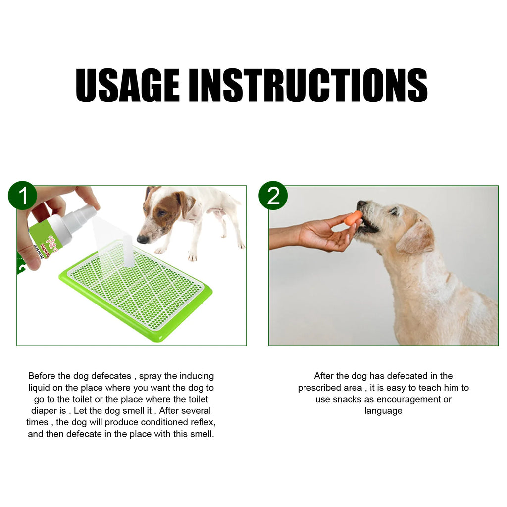 Dog potty training spray bottle with green training pad for puppy toilet induction and housebreaking success.
