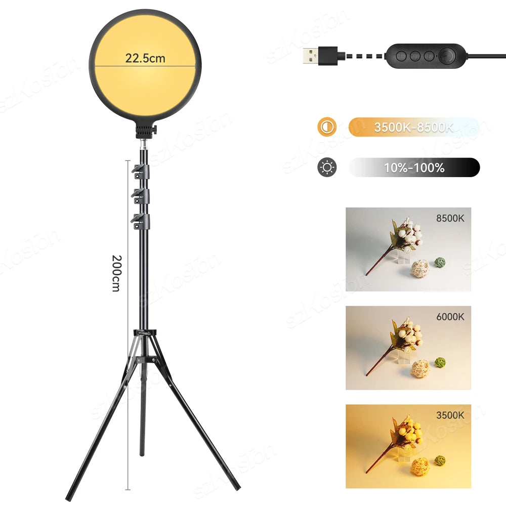 22.5cm circular LED light on an adjustable 200cm tripod stand with USB controller for photography and video lighting.