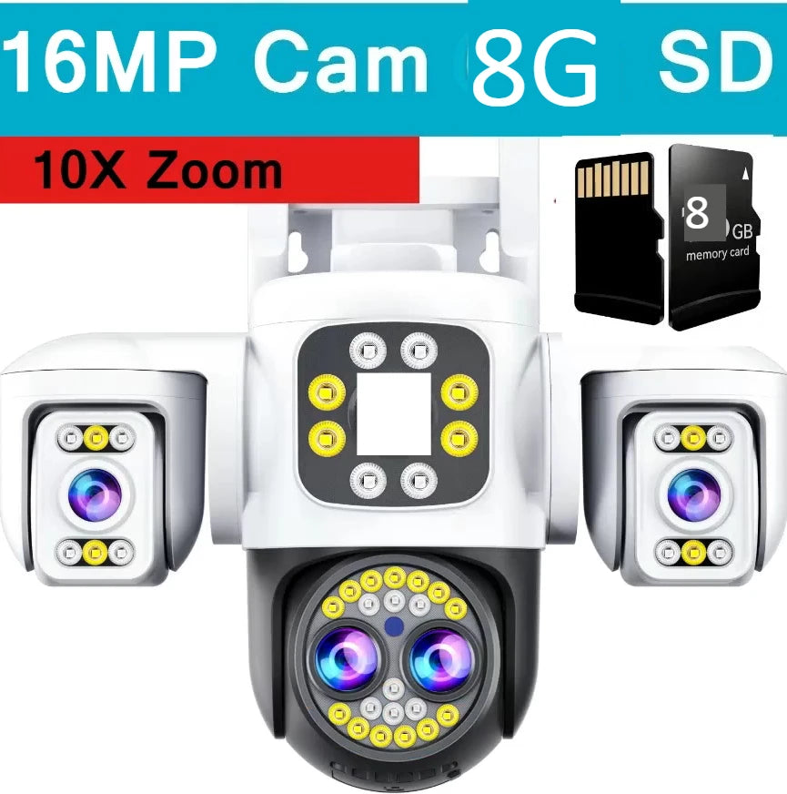 White quad-lens CCTV camera with 10x zoom and 8GB SD memory card