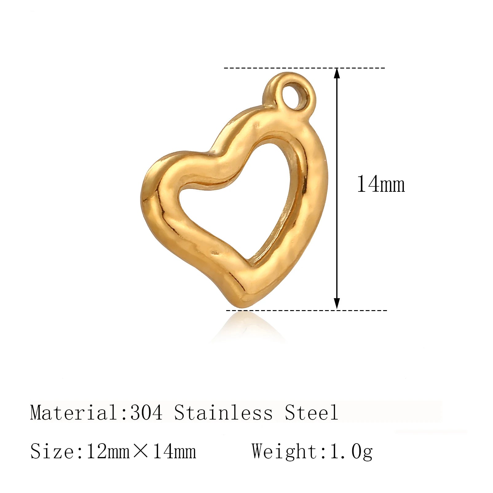 Gold heart-shaped stainless steel pendant for DIY pet jewelry, 12x14mm, perfect for custom dog and cat charm necklaces.