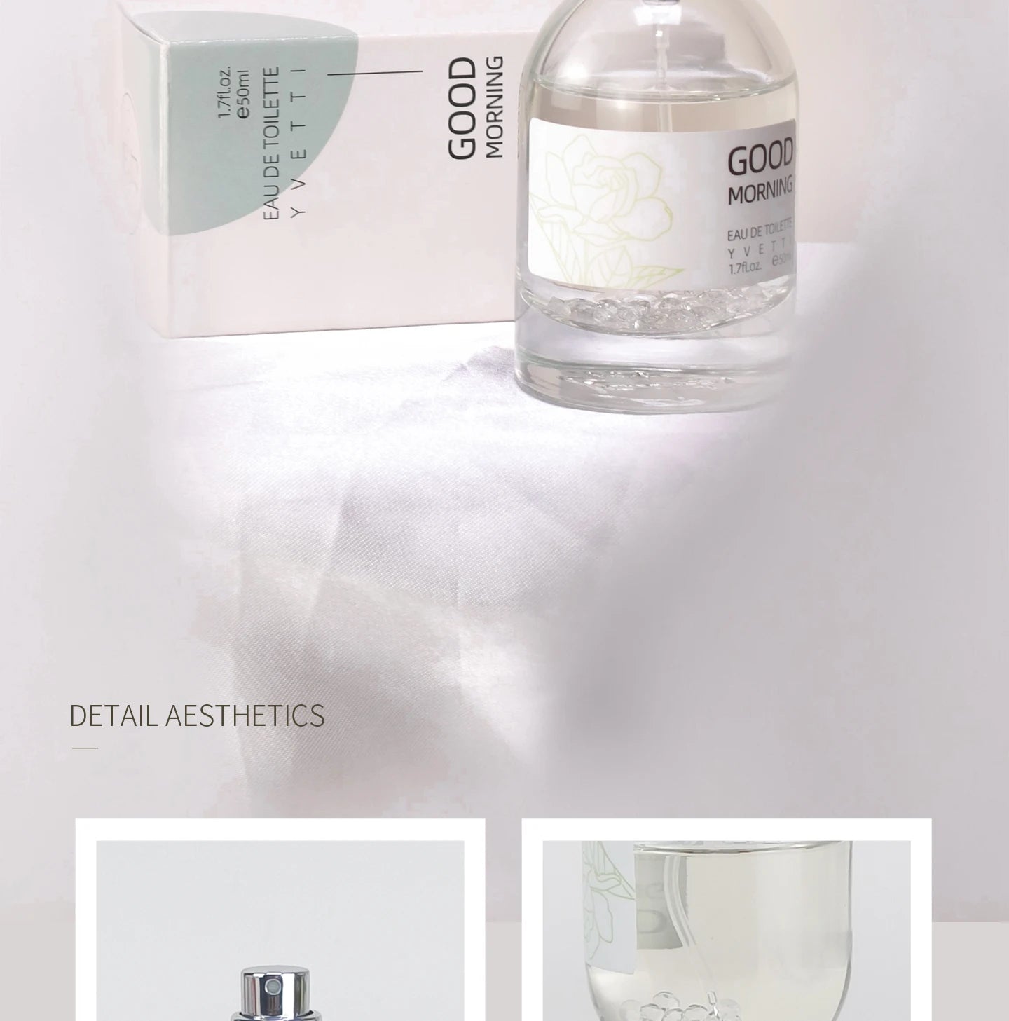 Clear glass perfume bottle with gardenia floral label and soft white packaging, elegant fresh scent aesthetic.