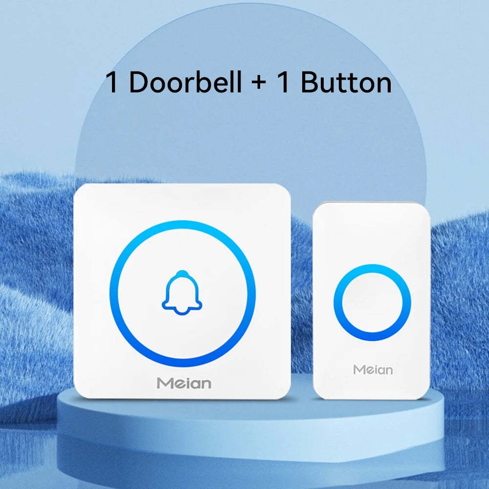 Meian wireless doorbell set, white chime and one door button with blue ring icon