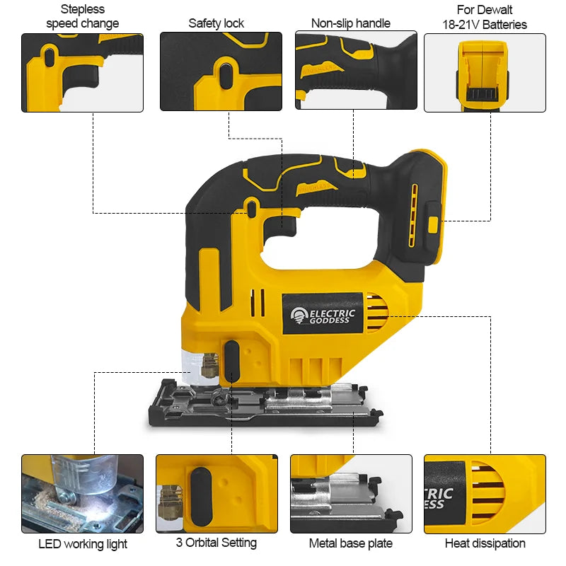 Cordless Jigsaw 3500RPM Electric Saw 45 Degree Cutting Angle Jigsaw Woodworking Tools For Dewalt 20V Battery Pin