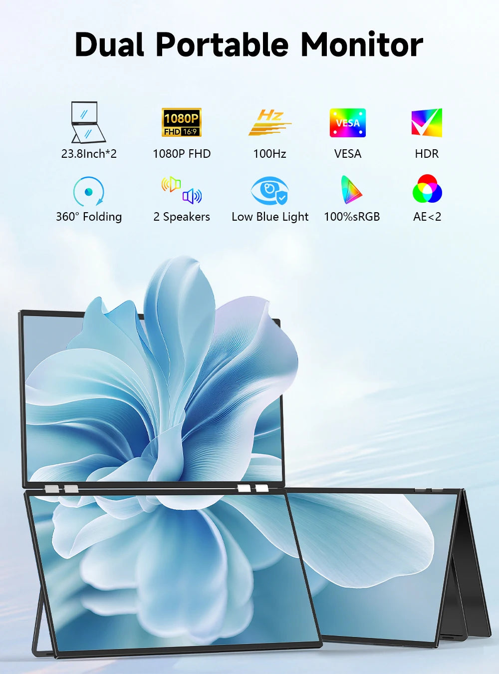 UPERFECT Delta Mega 23.8" 100Hz Dual Screen Stacked Computer Monitor With Speakers For Laptop Desktop PC MAC Phone Extended Play