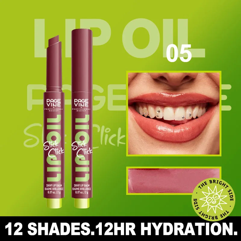 Page Vine Click-Press moisturizing lip oil balm in shade 05, featuring a glossy mauve finish and hydrating formula.