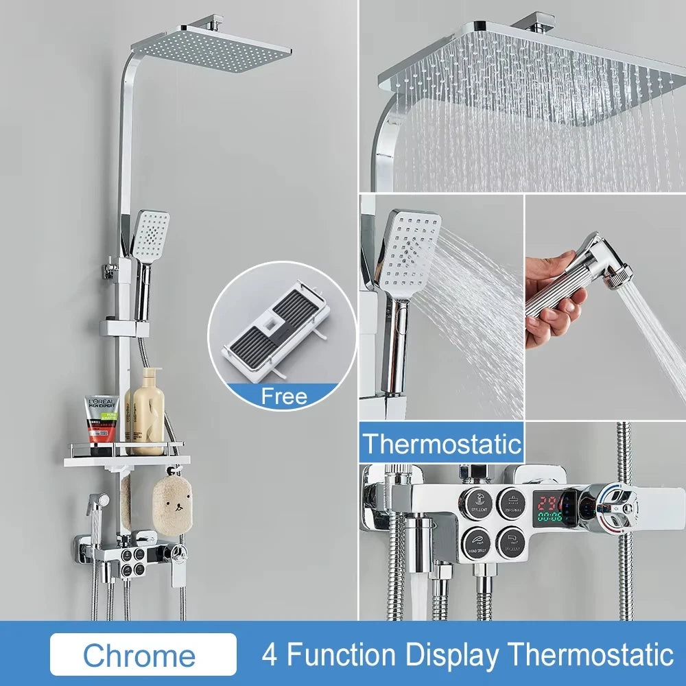 Thermostatic Display Screen Shower Faucet Bathroom Rotate Bath Tub Bidet Shower Push Button Rainfall Head Mixer Tap