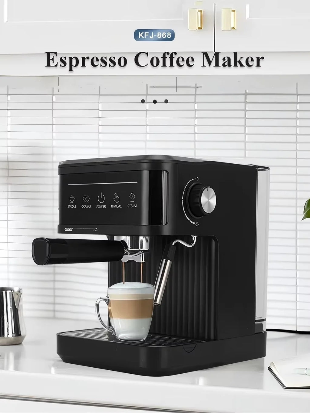 Matte black KFJ-868 espresso coffee maker with steam wand and glass cup on a kitchen counter.