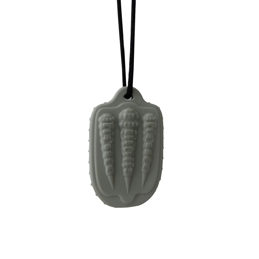 Grey silicone teething toy necklace for baby teething relief.