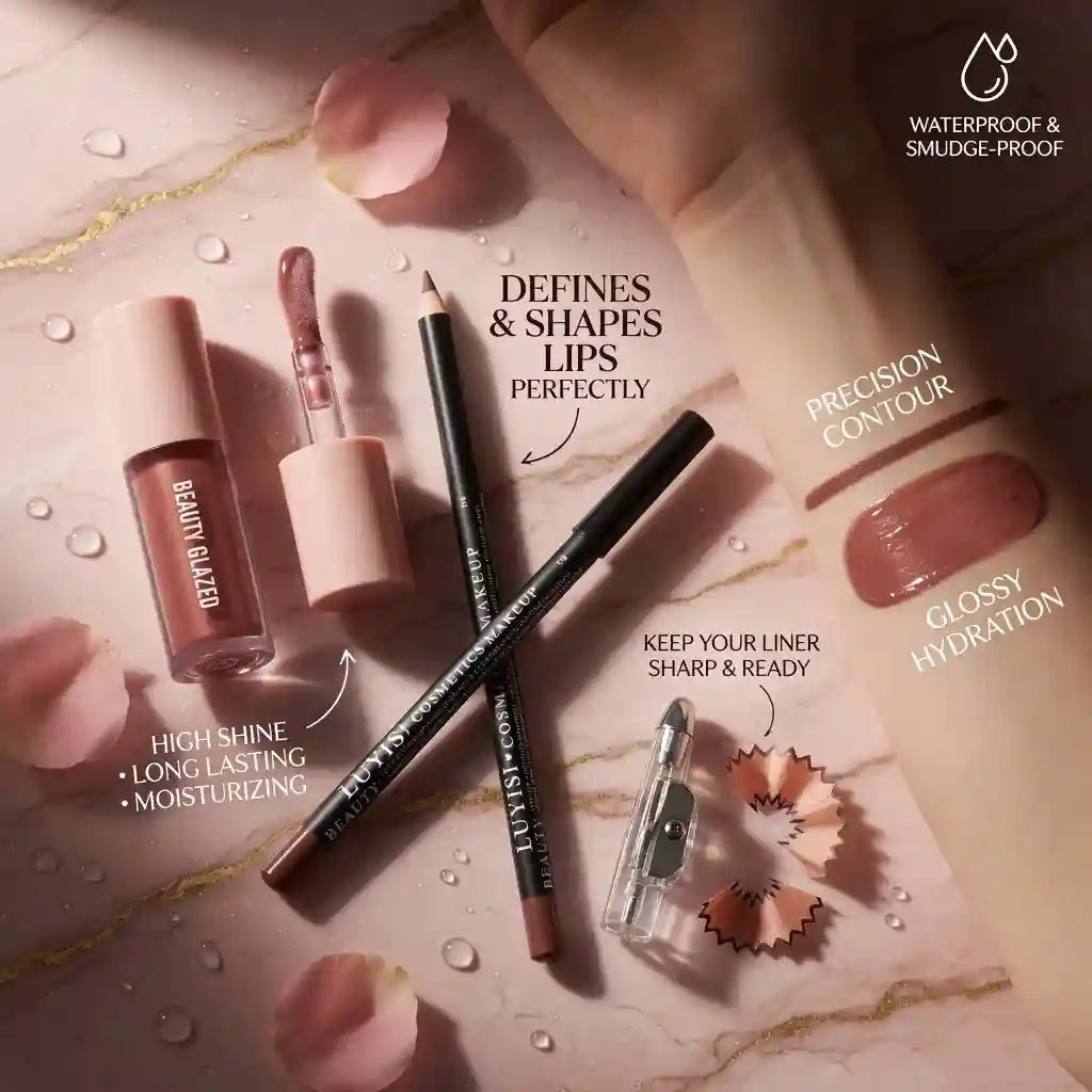 3pc lip beauty set with moisturizing glossy stain, brown lip liner, and sharpener for defined, high-shine lip makeup.