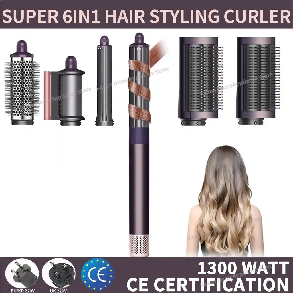 6-in-1 purple hair styler set with auto-curling barrels, hot air brush, and straightening attachment for salon hair.