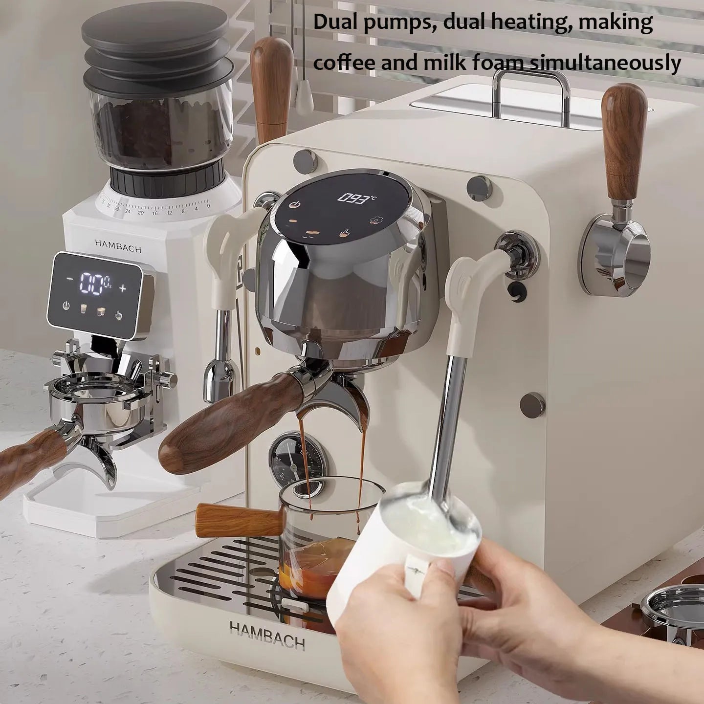 Hambach dual-pump espresso machine in cream with wood accents and digital display, brewing coffee and frothing milk.