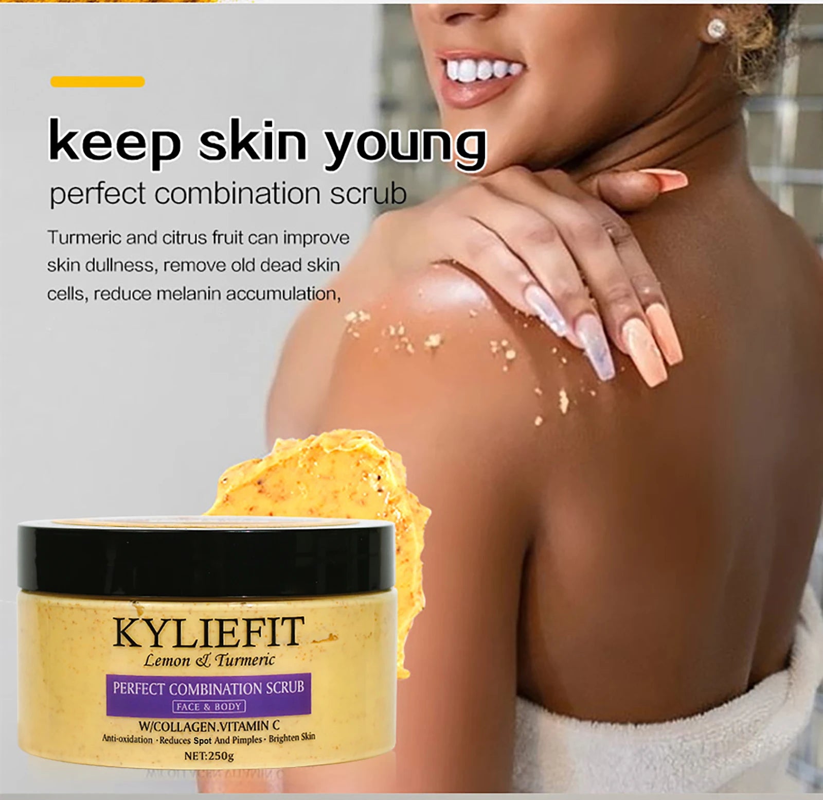 Turmeric scrub jar with black lid for face and body, shown beside skin-care scrub