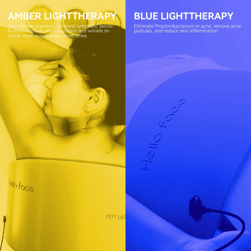 Split screen showing Hello Face LED light therapy mask in amber and blue modes over a woman's face.