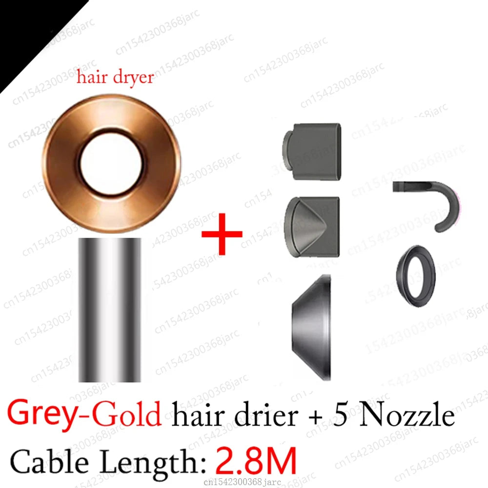 SenCiciMen gold and grey leafless negative ion hair dryer set with 5 styling nozzles and long 2.8m cable.