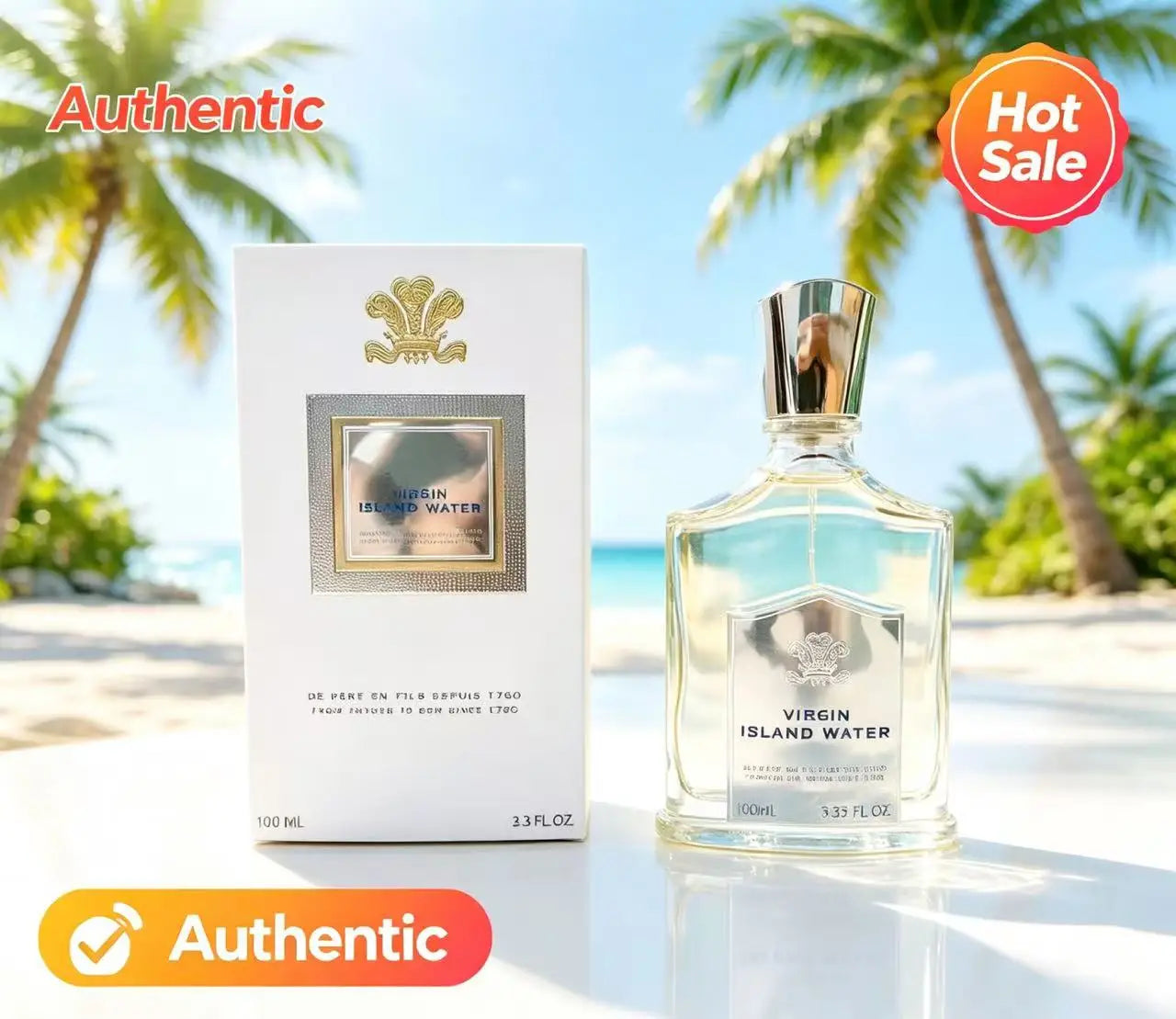 Virgin Island Water 100ml perfume bottle and white box, featuring silver accents against a tropical beach background.