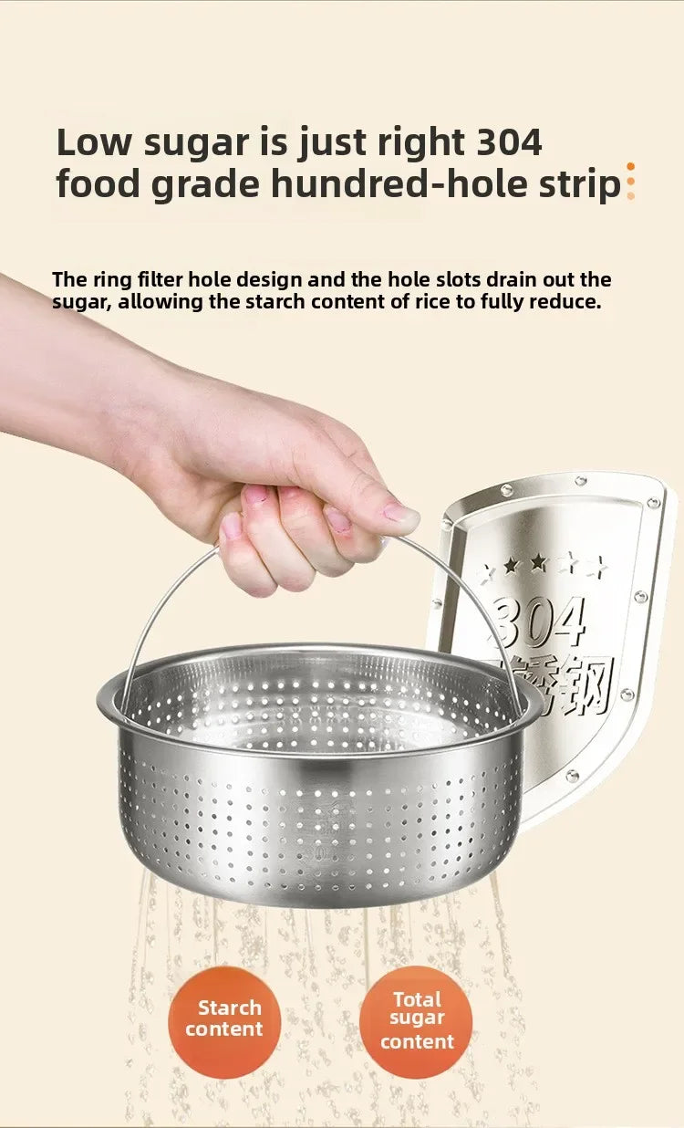 Mini electric rice cooker steamer basket with perforated holes for reduced sugar