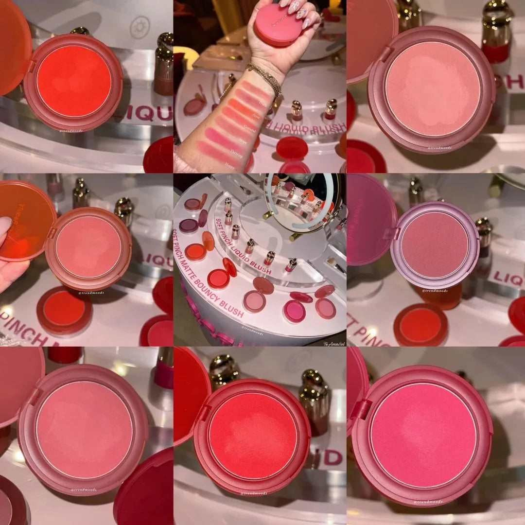 Rare Beauty Soft Pinch Luminous Powder Blush collection in various vibrant shades with smooth, matte, and bouncy texture.