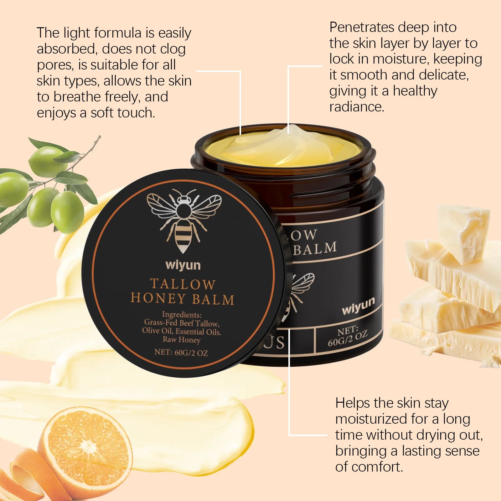 Wiyun Tallow Honey Balm Long Lasting Hydration Relieve Dry Rough Skin Soft Smooth Gentle Formula Beef Tallow Moisturizing Balm