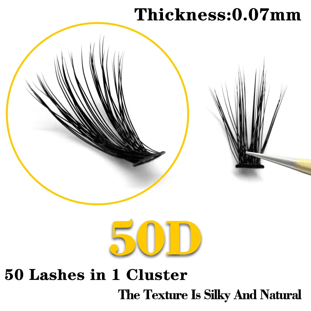 Black 50D mink individual lash clusters, 0.07mm thick, featuring a voluminous, silky, natural 3D style.