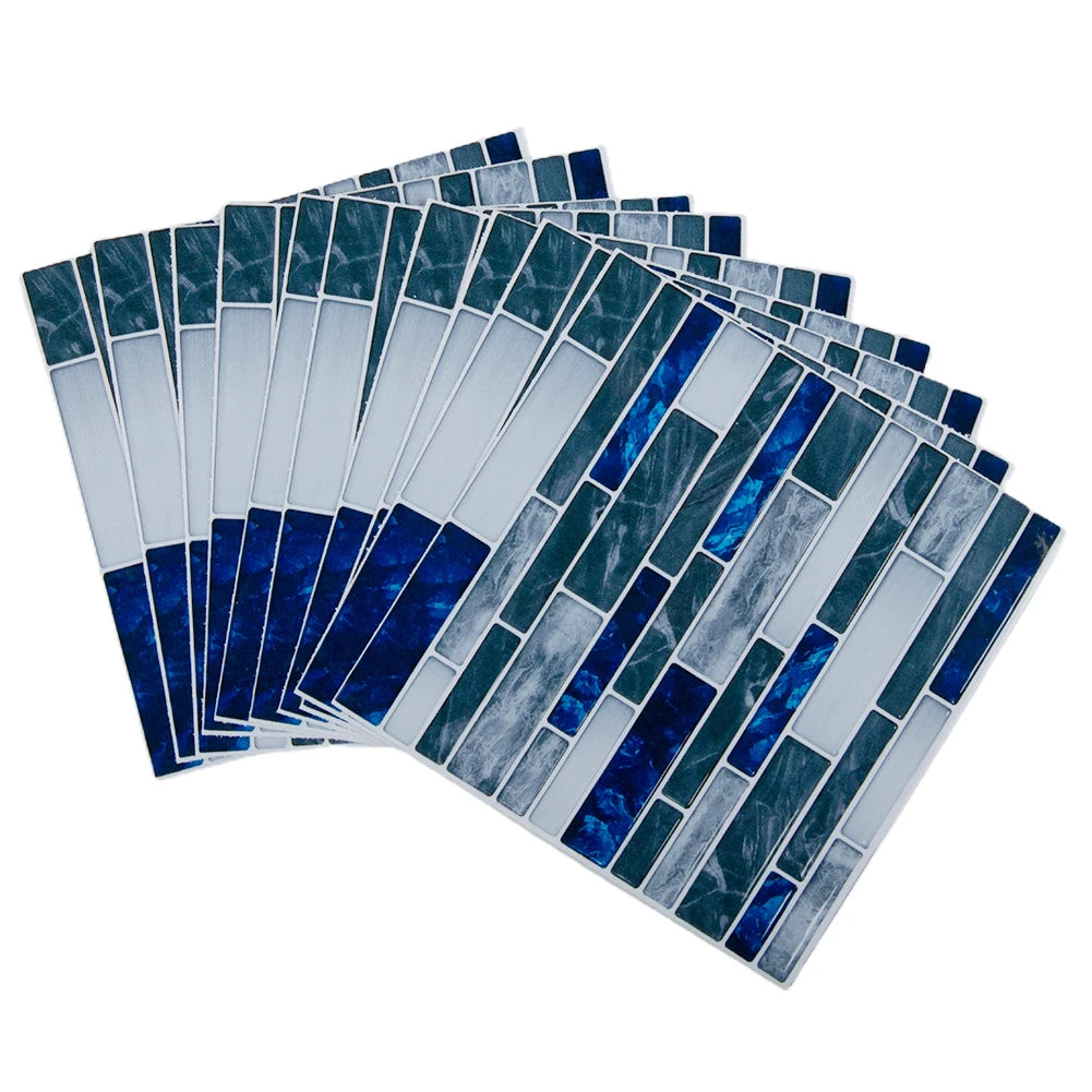 Blue and gray brick-style mosaic tile sticker sheets with glossy 3D tile look