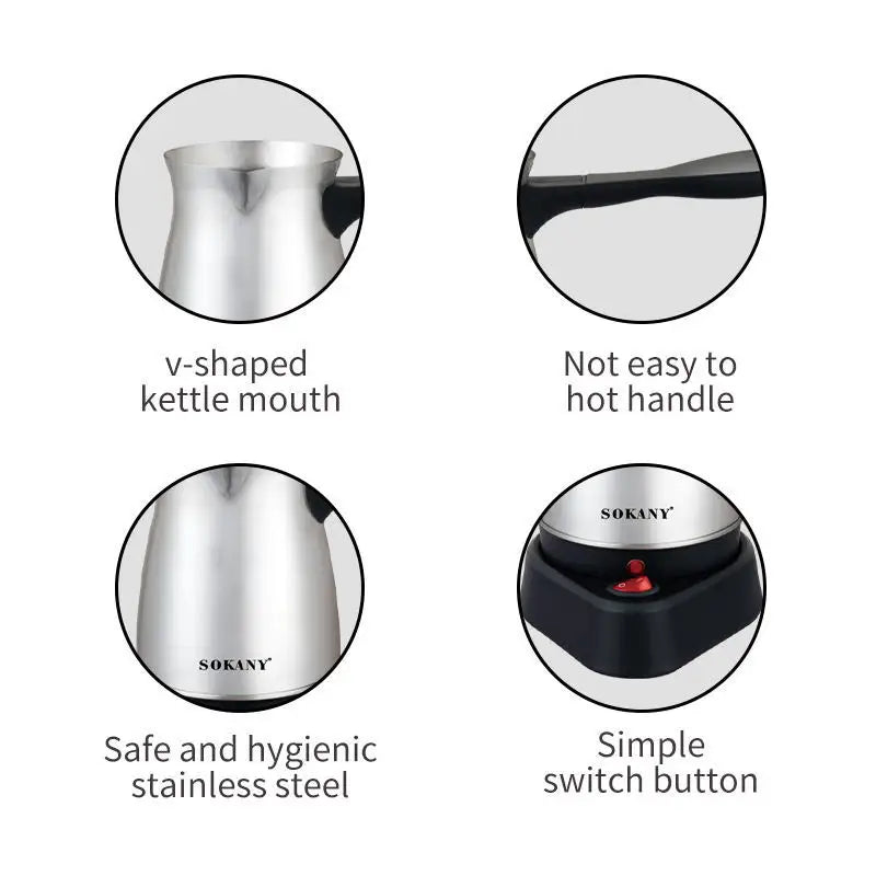 Sokany stainless steel electric coffee maker features: V-shaped spout, heat-resistant handle, and simple power switch.