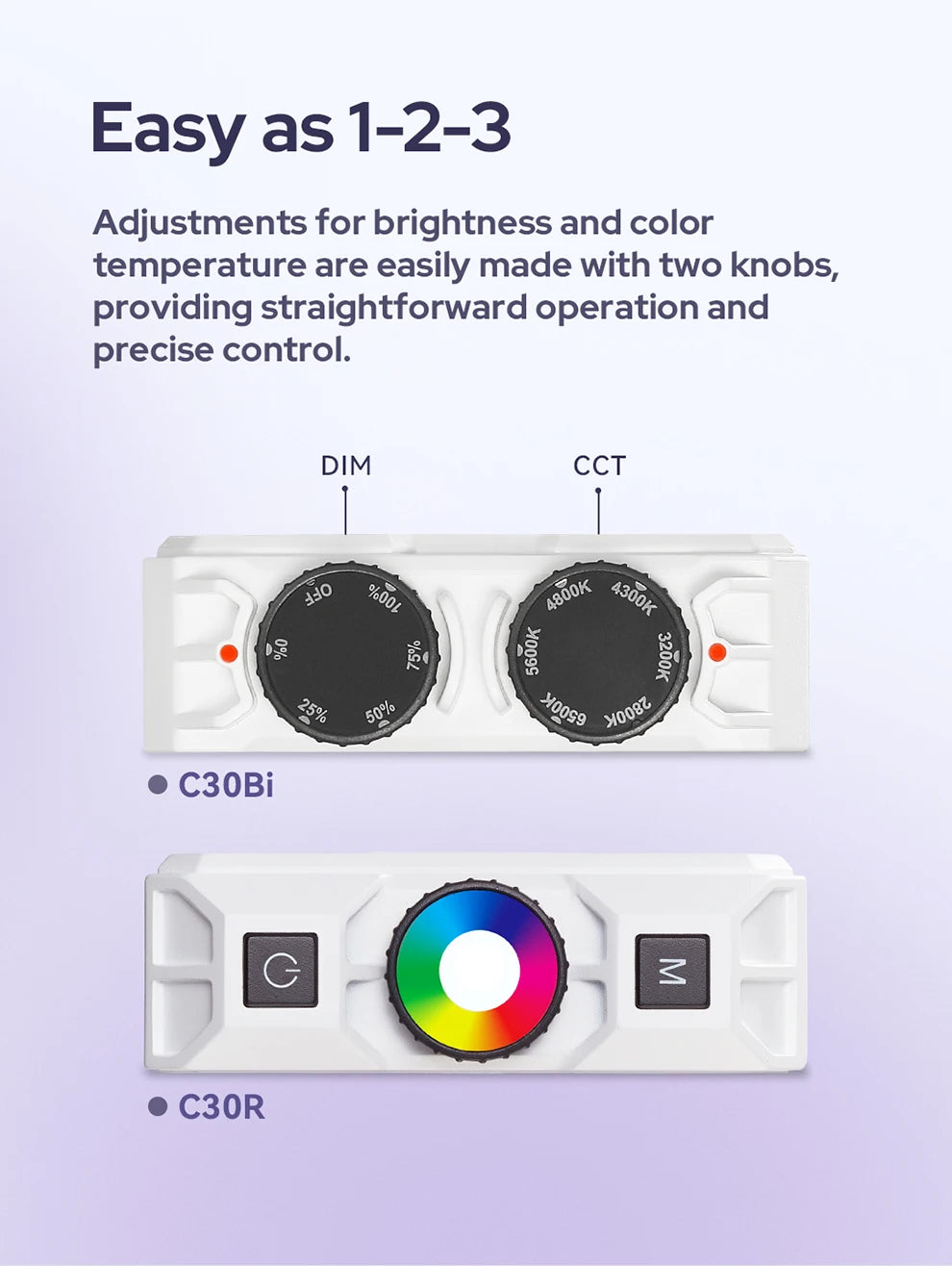 C30Bi and C30R white control panels with adjustment knobs and buttons for lighting brightness, color, and mode settings.