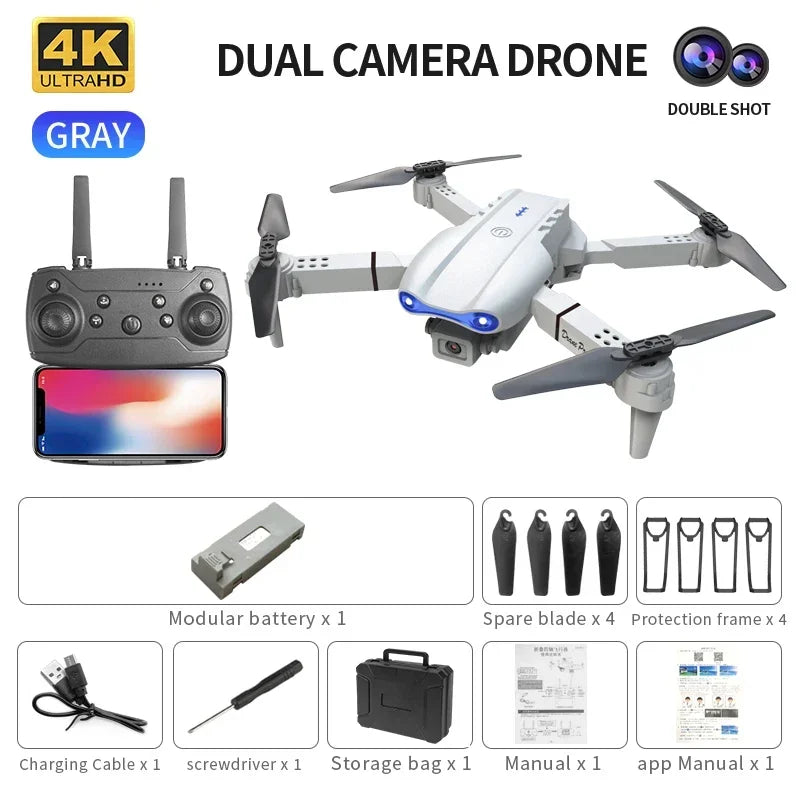 Gray 4K dual-camera foldable drone with remote controller, battery, spare blades, guards, tools, and storage case.