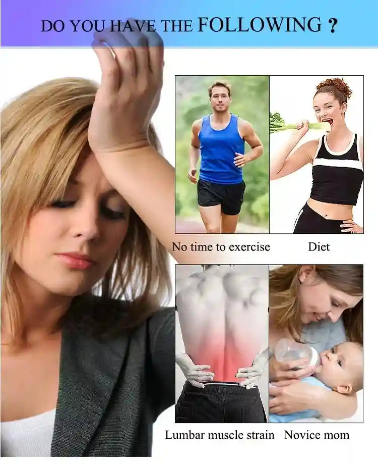 Collage showing common daily struggles like lack of exercise, dieting, back pain, and caring for a newborn baby.