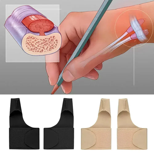 Black and beige fabric thumb support brace for orthopedic pain relief and tendonitis treatment.