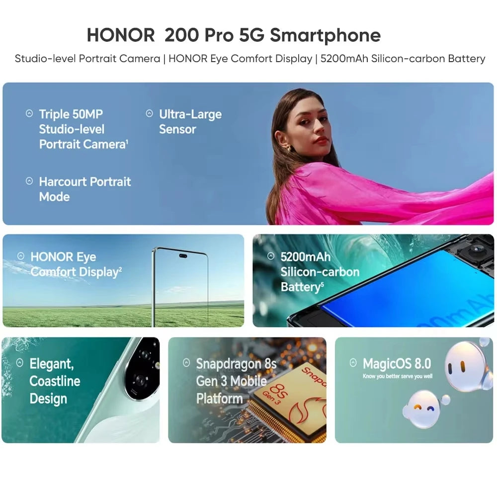 HONOR 200 Pro 5G Smartphone 512GB 12GB RAM Ocean Cyan Unlocked AE Tidesmit