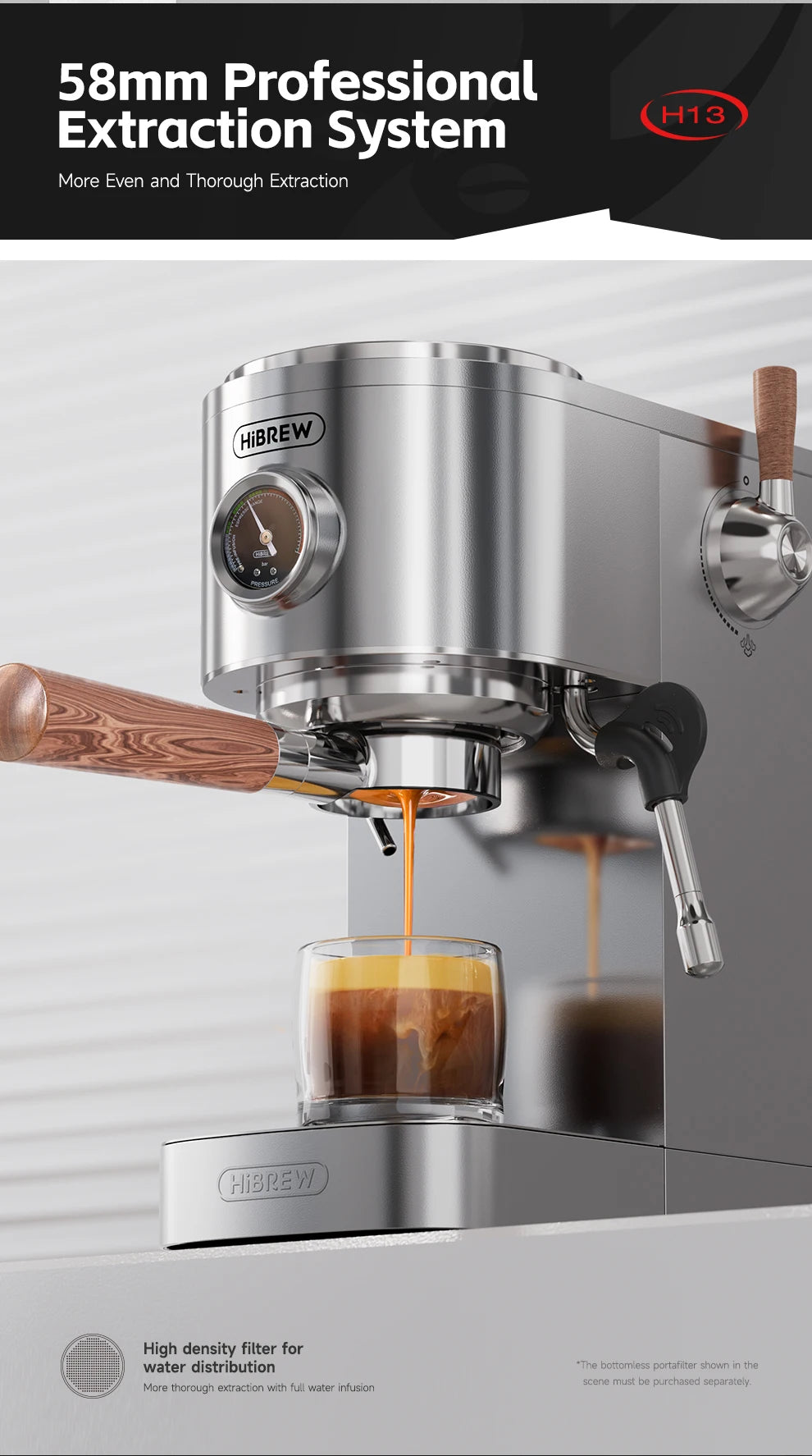 HiBREW stainless steel espresso machine with 58mm portafilter, wood handle, pressure gauge, and glass cup.