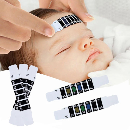 White baby forehead thermometer strip for fast, non-invasive baby health temperature monitoring.